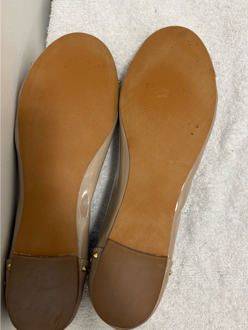 Steve Madden Beige Patent Ballet Flats with Gold Studs - Picture 8 of 8